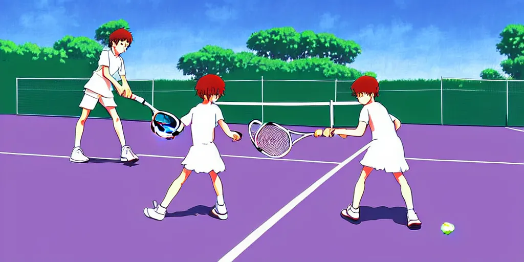 Prompt: digital art of kids playing tennis by studio ghibli