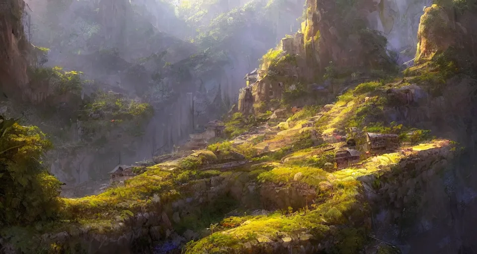 Prompt: natural beauty village on a mountain slope next to a river bay, realistic concept art, eytan zana, one pixel brush, illustrated by malcolm barter, lavander and yellow color scheme, dramatic lighting, concept art, trending on artstation