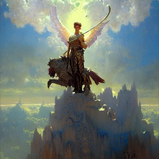 Image similar to saint michael the angel, guarding the planet from evil. highly detailed painting by gaston bussiere, craig mullins, greg rutkowski 8 k