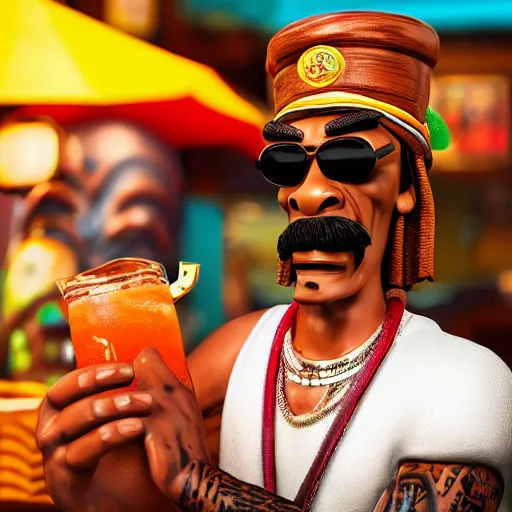 Image similar to a photorealistic photograph of a Trader Vic's tiki mug featuring Snoop Dogg at a Tiki bar - Trending on Artstation, featured on Behance, well-rendered, Unreal Engine, 4K HD