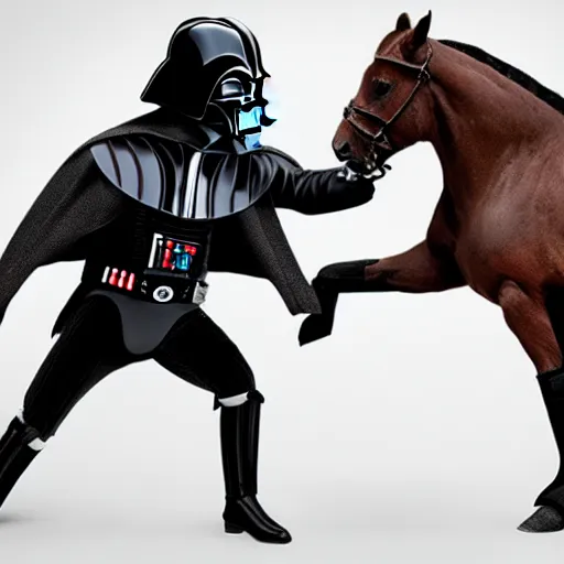 Prompt: a horse boxing darth vader, hyperrealistic, 8 k