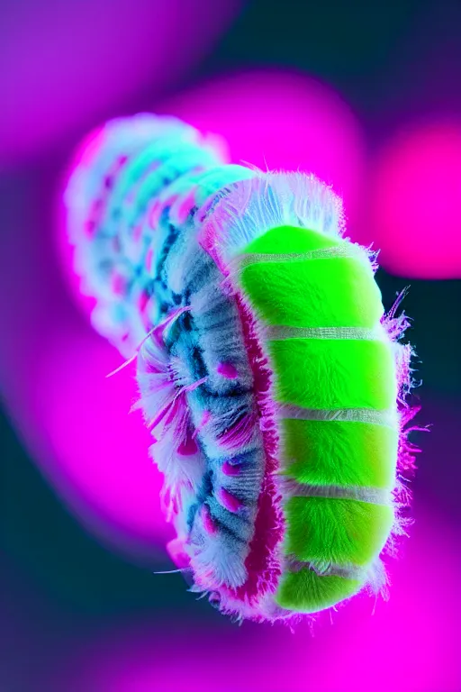 Prompt: high quality macro photo translucent fluffy caterpillar! gorgeous highly detailed hannah yata elson peter cinematic pink lighting high quality low angle hd 8k sharp shallow depth of field