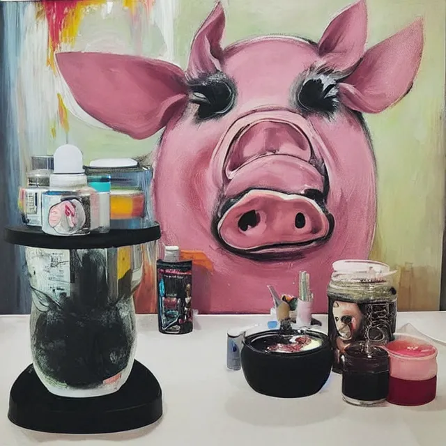 Image similar to “ a portrait in a female art student ’ s apartment, sensual, a pig theme, art supplies, paint tubes, ikebana, herbs, a candle dripping white wax, black walls, squashed berries, berry juice drips, acrylic and spray paint and oilstick on canvas, surrealism, neoexpressionism ”