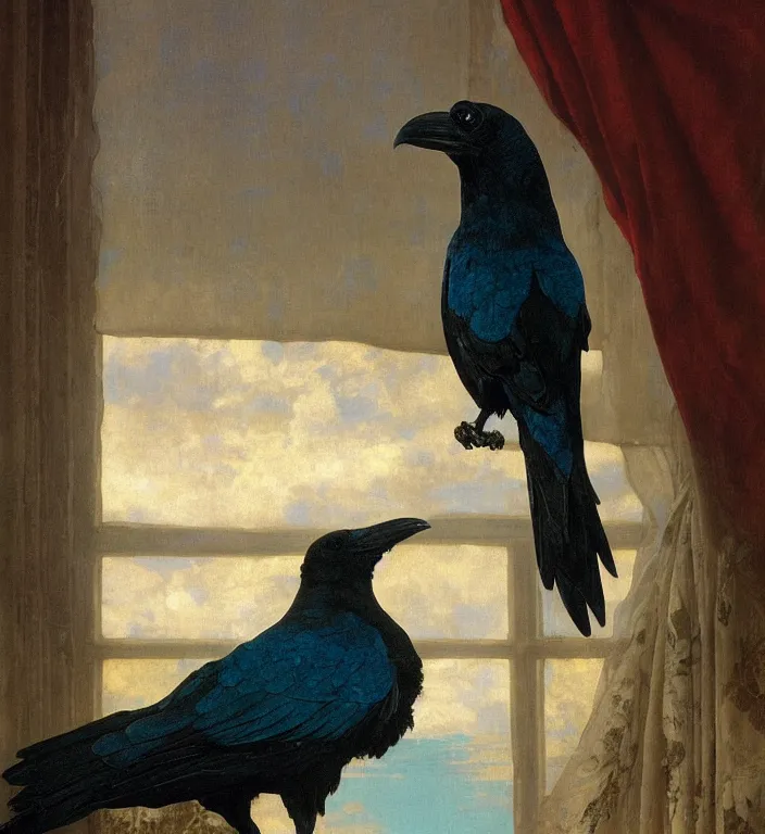 Prompt: a beautifully photoreal clear detailed victorian portrait of a close up raven on a victorian windowsill with an ornate velvet dark teal curtain at beautiful sunset daytime nature sunlit painting by frederic leighton and turner and morris and rosetti, 8 k, octane render