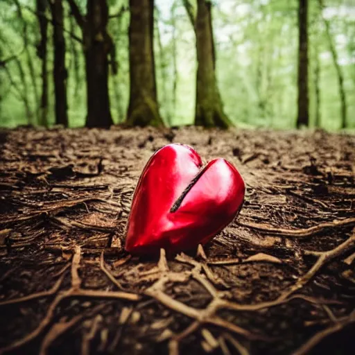 Image similar to photograph of a real human heart sitting on the ground in a forest of dead trees