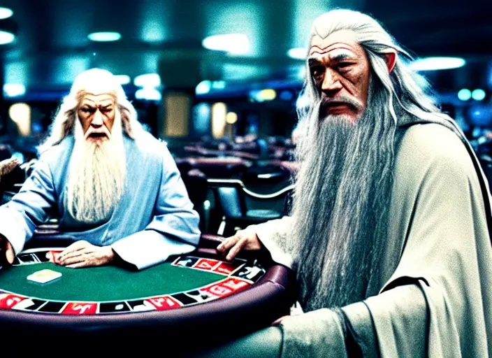 Image similar to film still of gandalf gambling in a casino in new star wars movie, 8 k