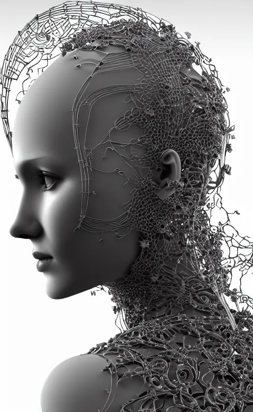 Prompt: black and white complex 3d render of a beautiful profile woman face, vegetal dragon cyborg, 150 mm, beautiful natural soft light, moon rays, silver details, magnolia stems, roots, fine lace, maze like, mandelbot fractal, silver metallic armour, anatomical, facial muscles, cable wires, microchip, elegant, highly detailed, rim light, octane render, H.R. Giger style