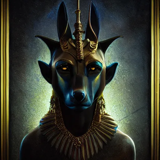 Image similar to portrait of anubis, intricate artwork, concept art, octane render, deviantart, cinematic, key art, hyperrealism, iridescent accents, portrait photograph, nikon 3 5 mm, photograph by greg rutkowski