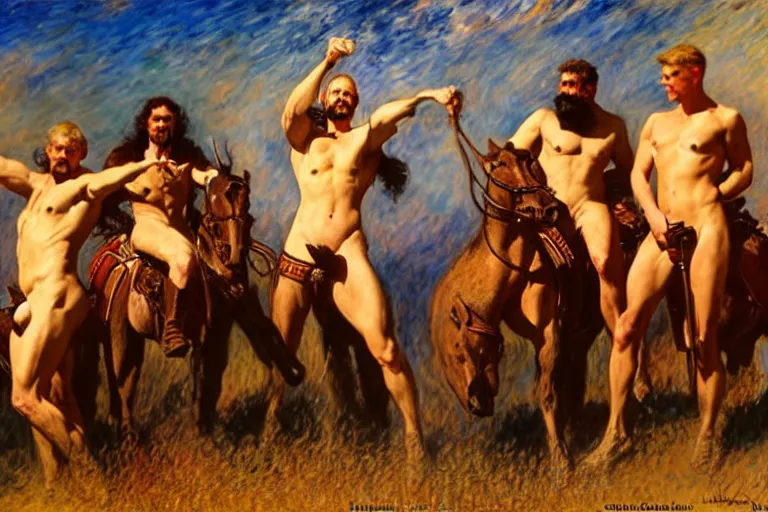 Image similar to the four horsemen of the apocalypse, painting by tom of finland, gaston bussiere, craig mullins, j. c. leyendecker, claude monet