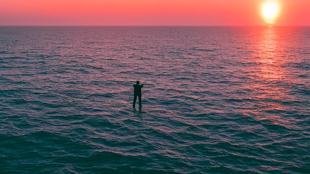 Image similar to a movie still of a man standing on the roof of a car driving through the ocean at sunset, golden hour