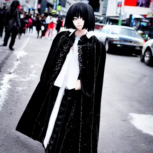 Image similar to 1 7 - year - old anime goth girl, black hair, long bob cut, long bangs, gothic coat, holding, shibuya street, blue sunshine, strong lighting, strong shadows, vivid hues, raytracing, sharp details, subsurface scattering, intricate details, hd anime, very - high - budget anime movie, 2 0 2 1 anime