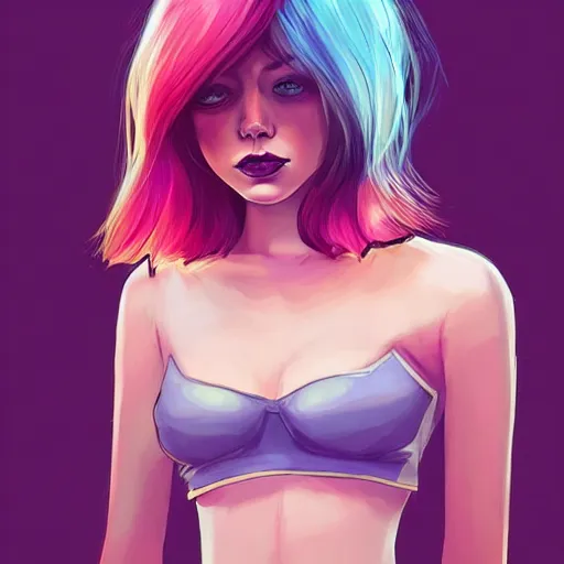 Prompt: Emma stone with aurora colored hair, curious expression, character art, crop top, miniskirt, alluring, full body, trending on artstation, artgerm, 4k ultra hd, sharp focus, digital art by Ilya Kuvshinov and Ross Tran,