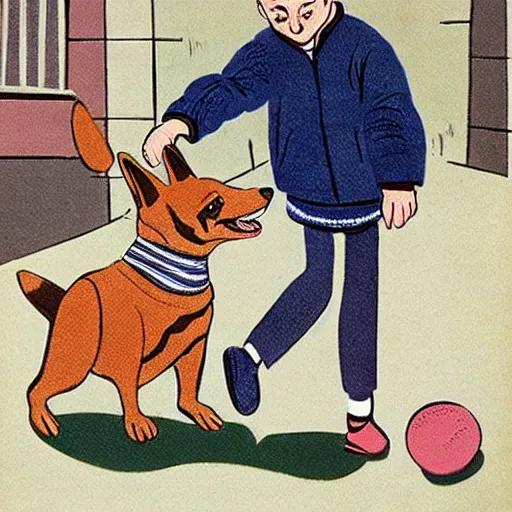 Image similar to book illustration of a french boy on the streets of paris playing football against a corgi, the dog is wearing a polka dot scarf, 1 9 6 6