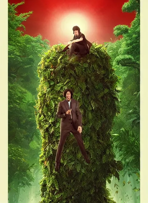 Image similar to highly detailed comedy caper movie poster with silly wacky zany keanu reeves as a sentient pile of leaves, keanu reeves green face as tree sentient leafy bush, falling through a leafy mind chasm by greg rutkowski, masterpiece, really funny, 1 0 / 1 0 comedy