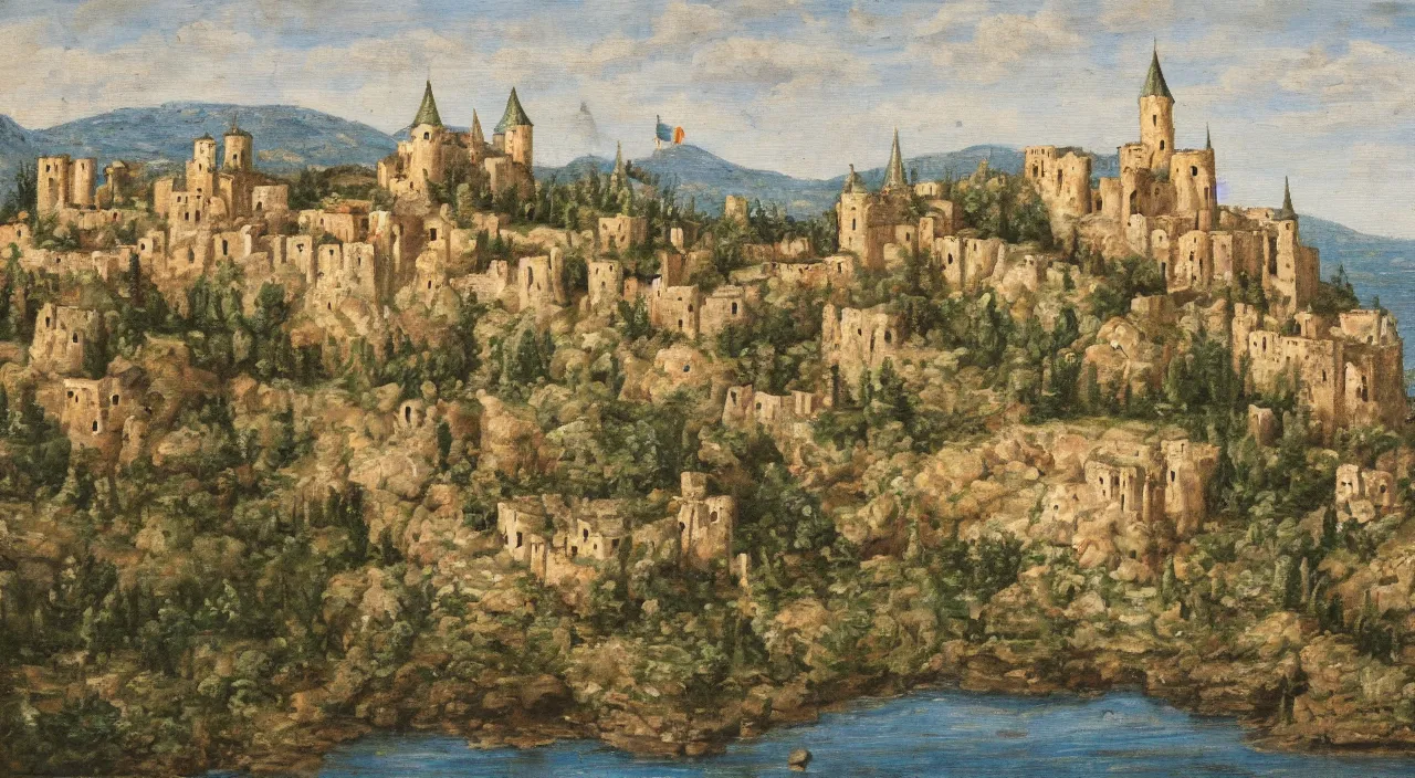 Prompt: a landscape painting of a byzantine castle