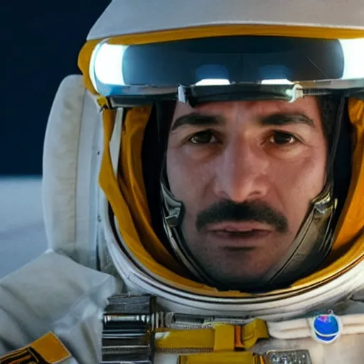 Image similar to close - up of a kurdish astronaut in a movie directed by christopher nolan, movie still frame, promotional image, imax 7 0 mm footage