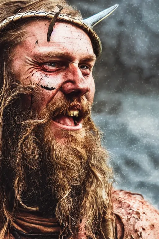 Prompt: a realistic photograph of a rugged viking man celebrating after a brutal battle, highly detailed, portrait, close - up,