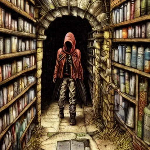 Prompt: a hooded rogue beckons from behind a bookshelf hidden passage, fantasy, art, realistic, detailed