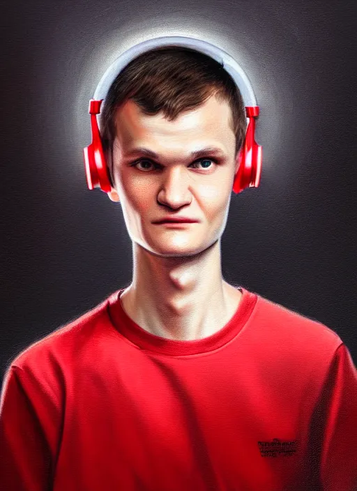 Image similar to portrait of vitalik buterin with hazel eyes, hazel colored eyes, red shirt, headphones, intricate, elegant, glowing lights, highly detailed, digital painting, artstation, concept art, smooth, sharp focus, illustration, art by wlop, mars ravelo and greg rutkowski