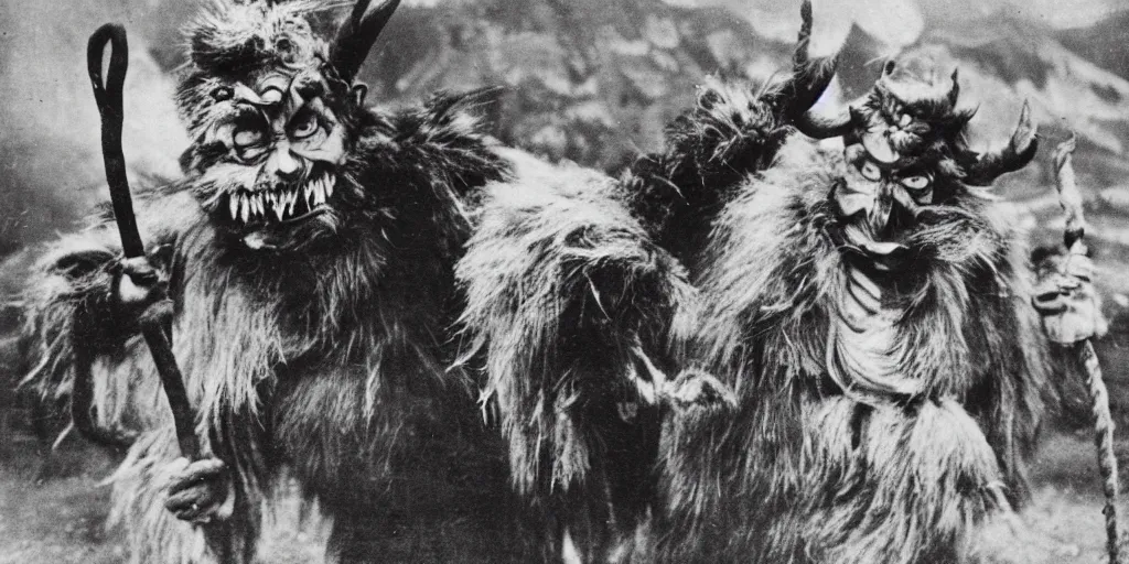 Image similar to krampus with big beak dancing in dolomites, hay fur, austrian folklore, 1920s photography, grainy, eerie, dark