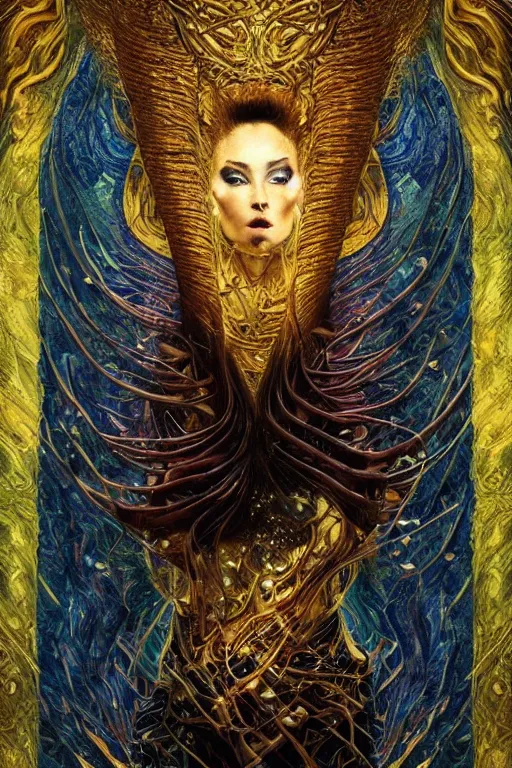 Image similar to Intermittent Chance of Chaos Muse by Karol Bak, Jean Deville, Gustav Klimt, and Vincent Van Gogh, Surreality, enigma, Loki's Pet Project, destiny, Poe's Angel, fate, inspiration, muse, otherworldly, fractal structures, arcane, ornate gilded medieval icon, third eye, spirals