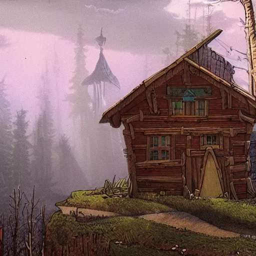 Prompt: the mystery shack from gravity falls, matte painting by kaspar david friedrich,