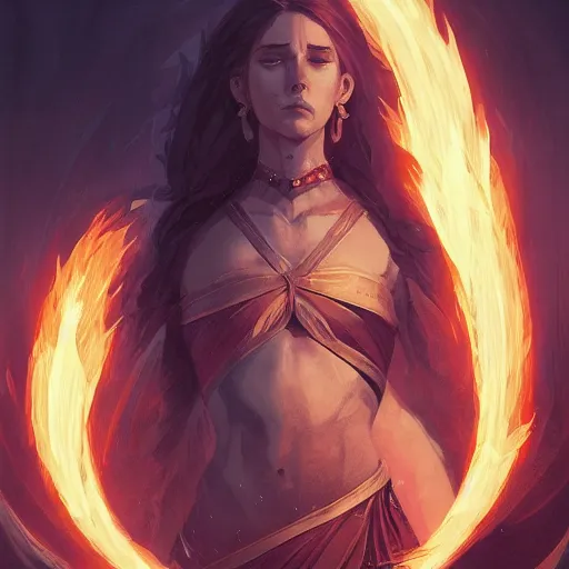 Image similar to fantasy art of a power female fire mage in the style of greg rutkowski, detailed, cinematic, movie poster