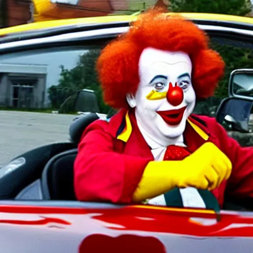 Prompt: Ronald McDonald driving through the Ghetto in his little clown car.