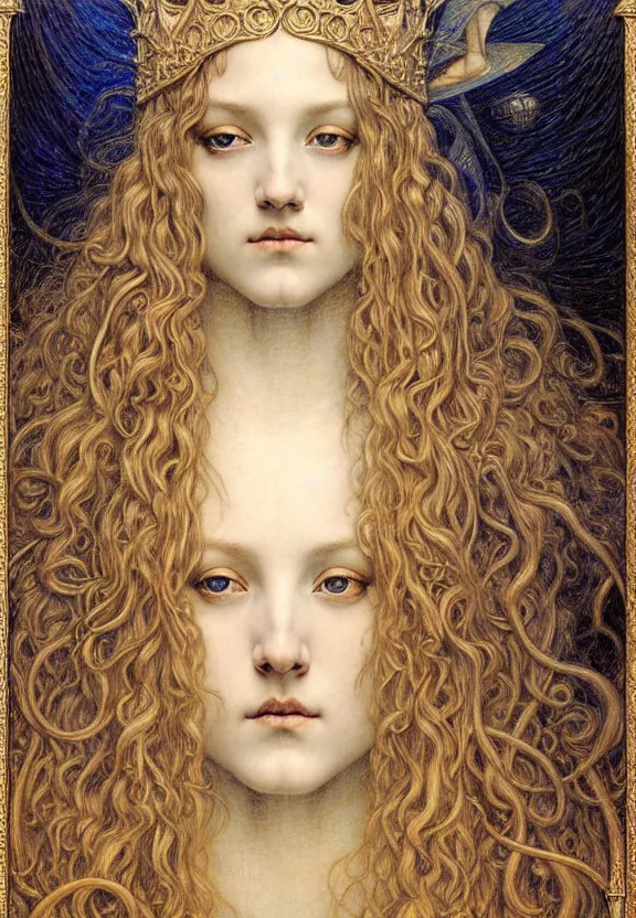 Image similar to detailed realistic beautiful young medieval queen face portrait by jean delville, gustave dore and marco mazzoni, art nouveau, symbolist, visionary, gothic, pre - raphaelite. horizontal symmetry