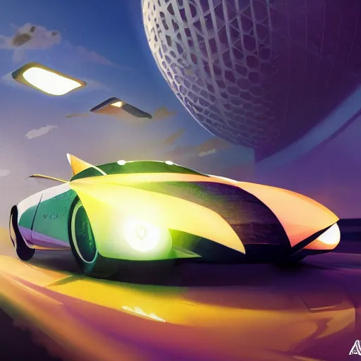 Image similar to solarpunk hovercar, clean energy, green technology, batoidea shape, highway, sunny day, futurism, intricate, engines, glow, highly detailed, peaceful, utopia, bright, digital painting, artstation, concept art, smooth, sharp focus, epic landscape, art by akihiko yoshida and tim mcburnie and anato finnstark