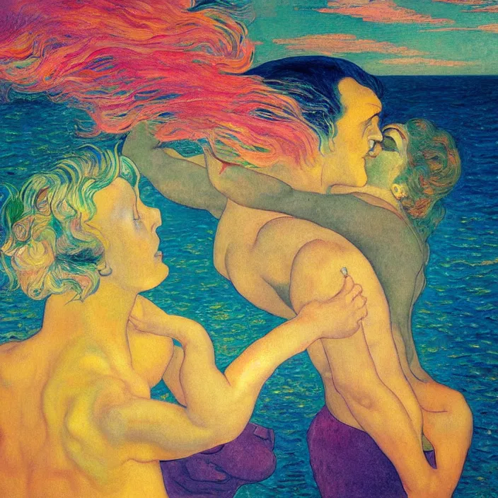 Prompt: close view of woman and man kissing. seaside with tall waves, sun setting through the storm clouds. iridescent, vivid psychedelic colors. painting by agnes pelton, egon schiele, henri de toulouse - lautrec, utamaro, matisse, monet