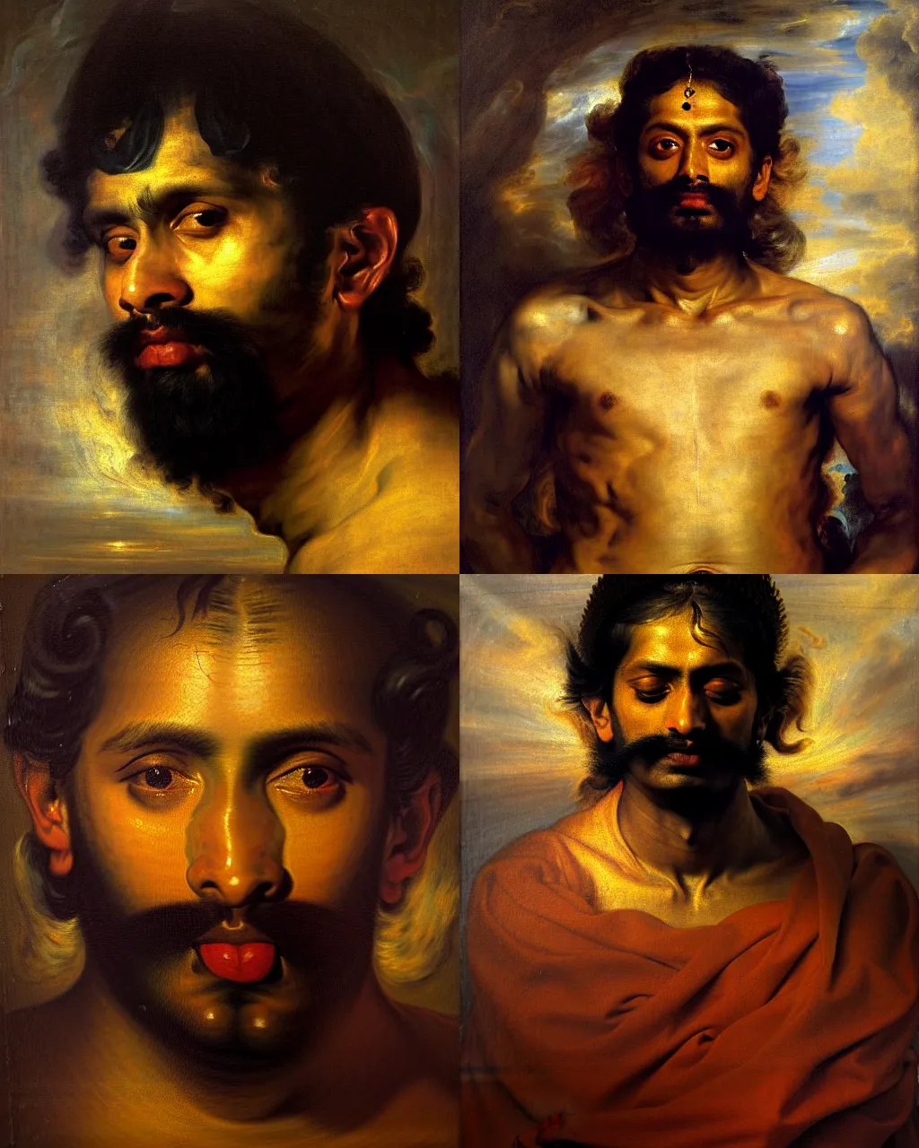 Prompt: a beautiful dramatic classical portrait of a spaced out indian stoner 2 8 years old boy, head only, by peter paul rubens, by anthony van dyck, by zdzisław beksinski, oil on canvas, baroque color palette, trending on artstation, masterpiece, cold lighting, detailed, 8 k