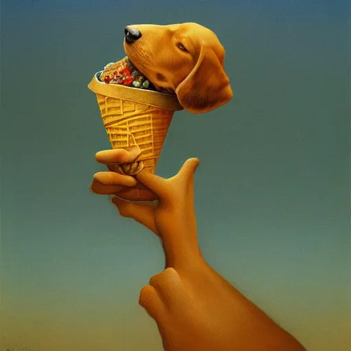 Image similar to dog holding an ice cream by zdzisław beksinski, high resolution, direct light,