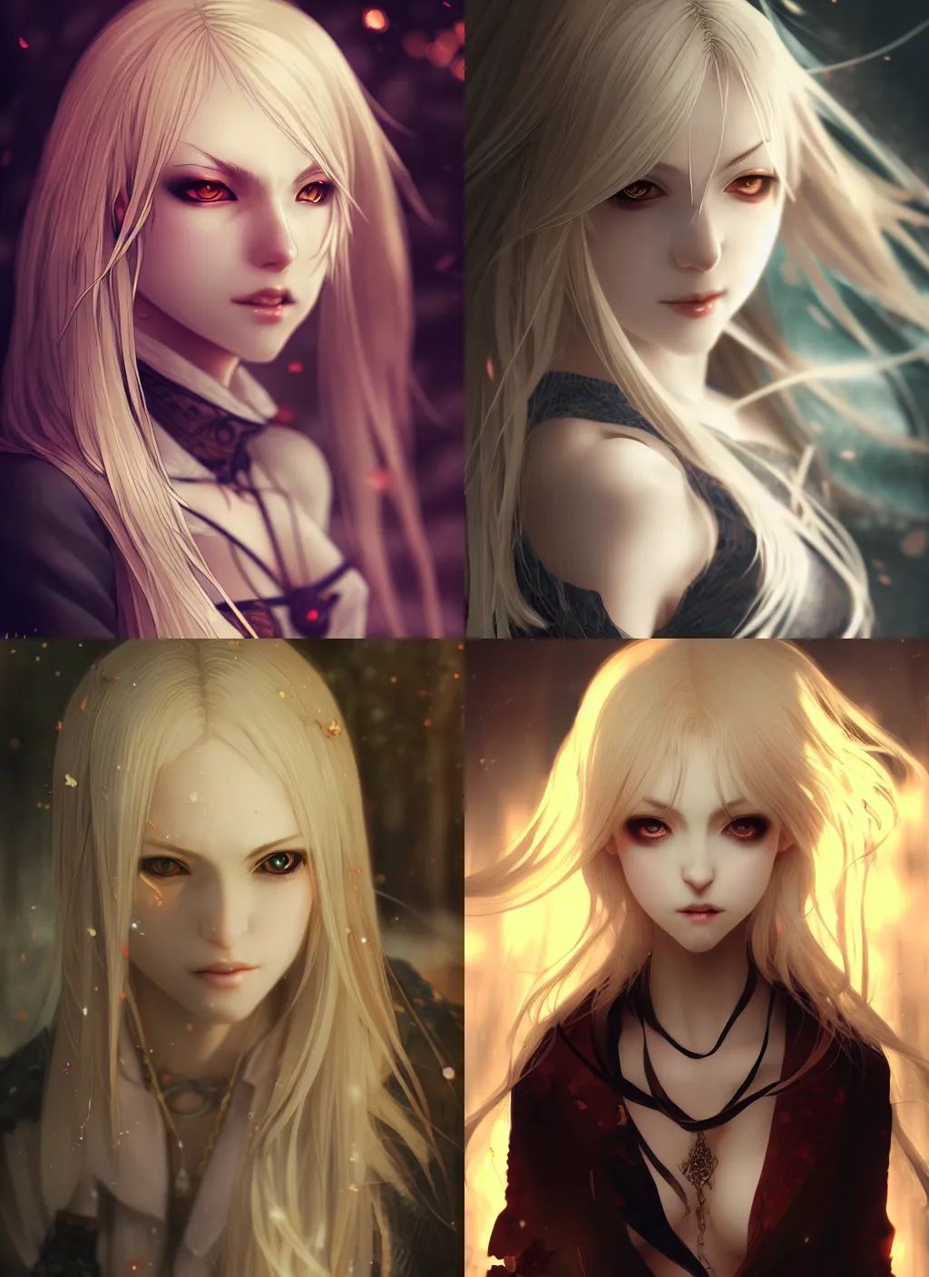 Prompt: Portrait of a blonde female vampire, atmospheric lighting, intricate detail, cgsociety, ambient light, dynamic lighting, bokeh, anime style by Yusuke Kozaki