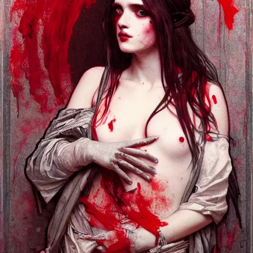 Image similar to goth girl covered in red paint, intricate, art by greg rutkowski and alphonse mucha, high detailed, 4 k,