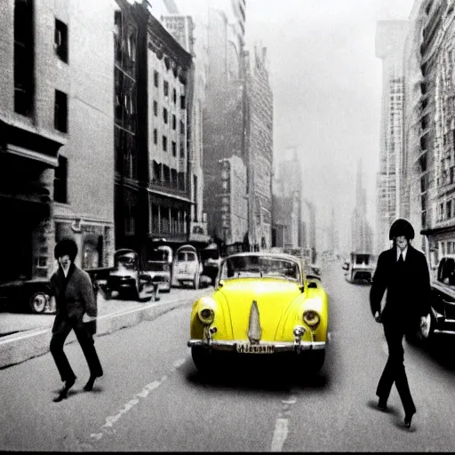 Prompt: the beatles on the run, citizen kane movie, 8 k higly detailed cinematic lighting, moma museum