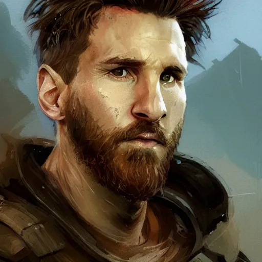 Image similar to portrait of lionel messi by greg rutkowski, mech suit, messy blond hair, beard, tall and muscular, star wars expanded universe, he is about 3 0 years old, wearing a flying jacket, distrustful and arrogant, highly detailed portrait, digital painting, artstation, concept art, smooth, sharp foccus ilustration, artstation hq