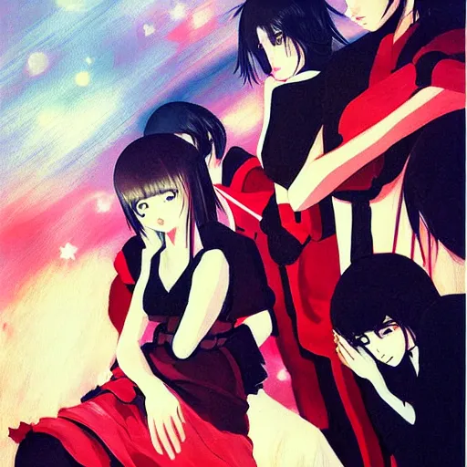 Image similar to kuvshinov ilya painting of an anime metal band photo, direct flash photography at night, film grain