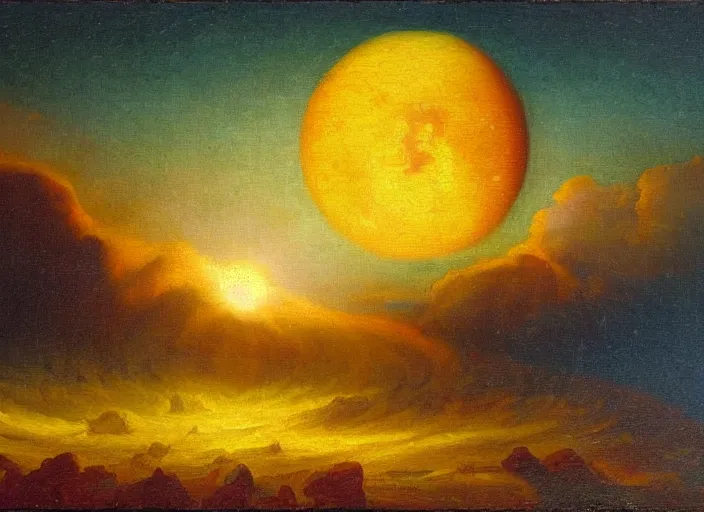 Image similar to the impact of the planet gaia on the earth, right before the moon forms, seas of fire everywhere. in the style of hudson river school of art, oil on canvas