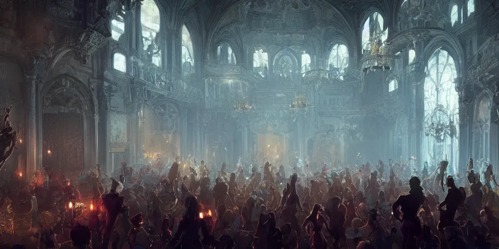 Image similar to beautiful render of a ballroom, unreal engine, many dancers, at night, medieval!!!!, very bright, artstation, detailled, manga!!!, fantasy!!!!!! by greg rutkowski