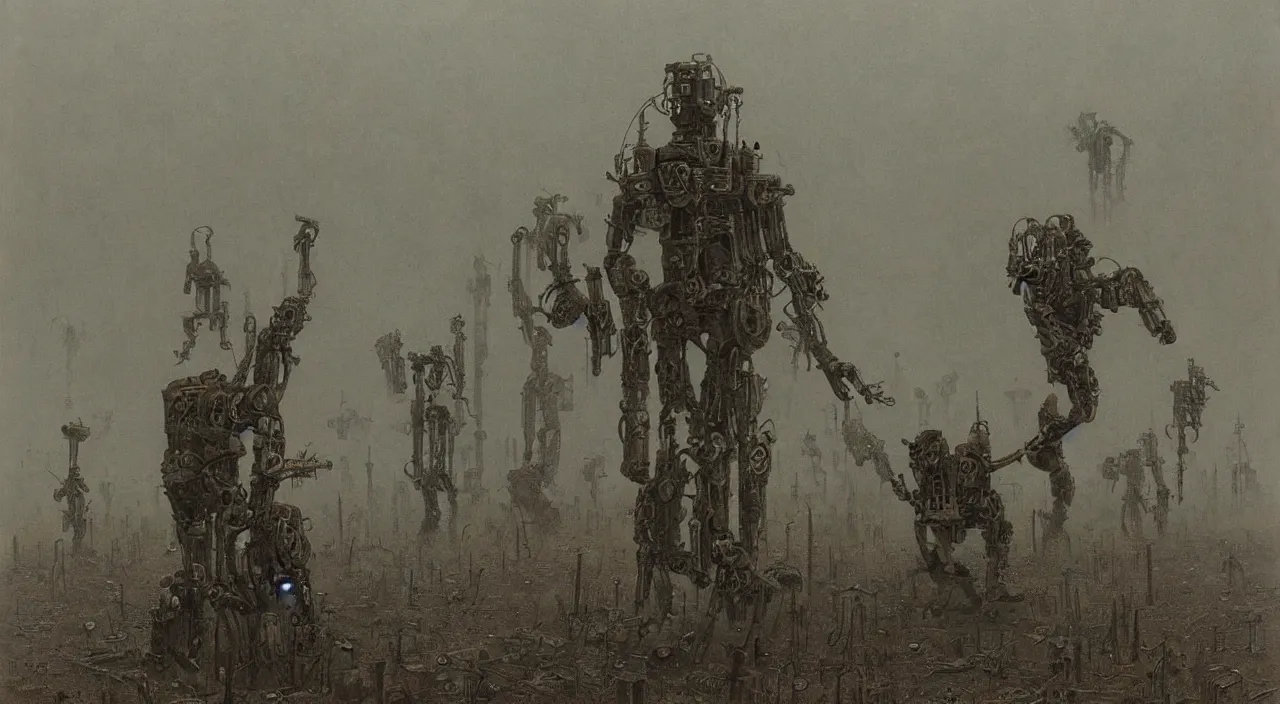 Image similar to dystopian steampunk robots harvesting humans, post apocalyptic, third reich vibes, by vladislav beksinski