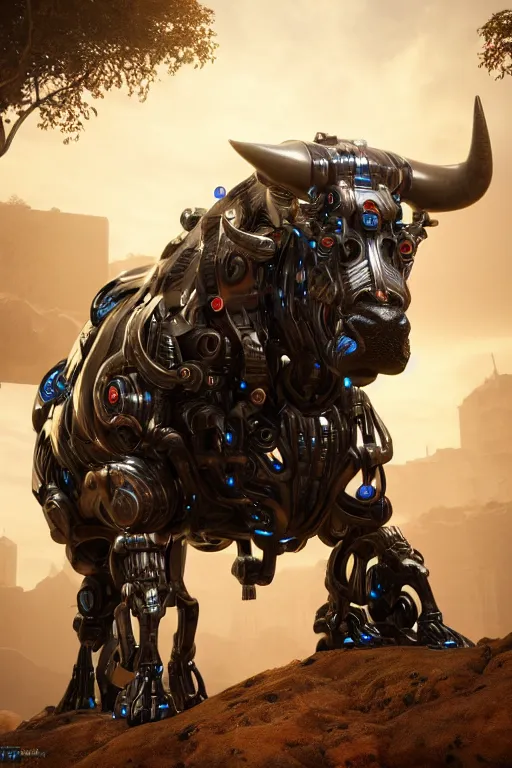 Image similar to a full body shot of a cyborg ( bull ) modeled after a bull looking into the camera, android, cyborg, full body shot, intricate, 3 d, hyper realism, fantasy, depth of field, octane render, symmetrical, highly detailed, digital art, artstation, concept art, cinematic lighting, trending