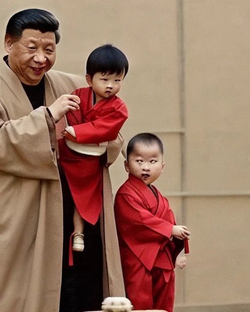 Image similar to Xi Jinping as Ronin Ogami Ittō in Lone Wolf and Cub and a Toddler sized Vladimir Puttin as Daigorō, Xi Jinping is Holding a Samurai Sword, photorealistic, Cinematic, Japanese