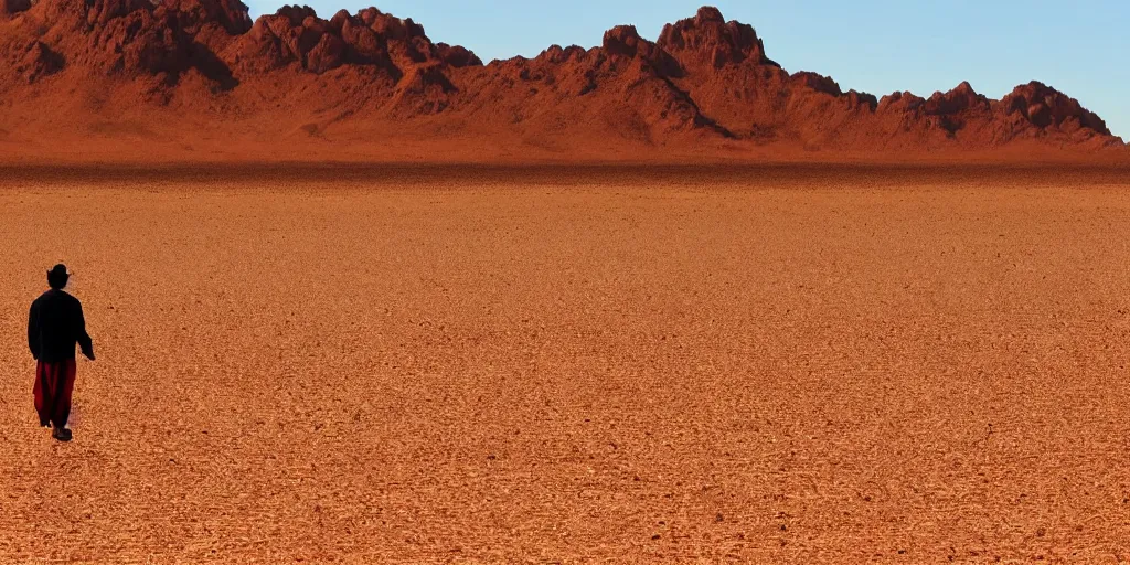 Prompt: of a photography of a man on walking on a desert along ants, with blue light dark blue sky, long cloths red like silk, ants are big and they shine on the sunlight, there are sand mountains on the background, a very small oasis on the far distant background along with some watch towers, ants are perfect symmetric insects, man is with black skin, the man have a backpack, the man stands out on the image, the ants make a line on the dunes, the sun up on the sky is strong, the sky is blue and there are some clouds, its like a caravan of a man guiding many ants on the dunes of the desert, colors are strong but calm, volumetric, detailed objects, Arabica style, wide view, 14mm,