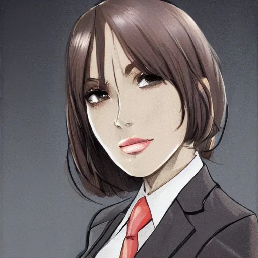 Image similar to woman in grey business suit, brown neat hair, pixiv, fanbox, trending on artstation, portrait, modern, sleek, highly detailed, formal, serious, determined, competent, colorized, smooth, charming, pretty, safe for work