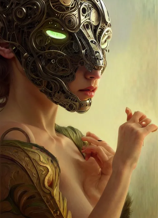 Image similar to organic cyborg, cat mask opening, diffuse lighting, fantasy, intricate, elegant, highly detailed, lifelike, photorealistic, digital painting, artstation, illustration, concept art, smooth, sharp focus, art by John Collier and Albert Aublet and Krenz Cushart and Artem Demura and Alphonse Mucha