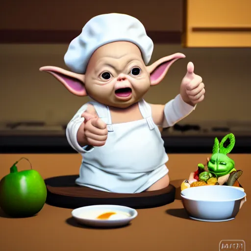 Image similar to hungry chubby babyfat baby yoda as chef wearing white chefs hat and white apron, giving thumbs up next to a plate of food, vegetables, photography, hyperrealism, unreal engine, octane 3 d render, houdini, unity 3 d, highres, adobe premier pro, trending on artstation, trending on deviantart, thisistheway