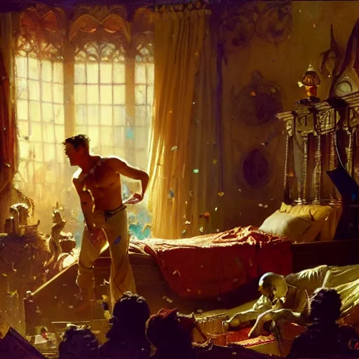 Prompt: rip taylor is in his bed, nervous and terrified, because a ghost is throwing confetti from a bucket at him. highly detailed painting by gaston bussiere, j. c. leyendecker, greg rutkowski, craig mullins 8 k