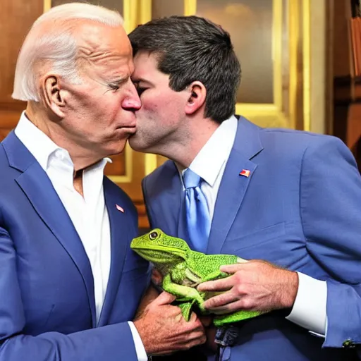 Prompt: joe biden kissing a frog as it turns into a princess