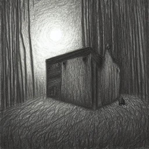 Prompt: a drawing of a eerie cabin in the middle of the woods in the style of beksinski